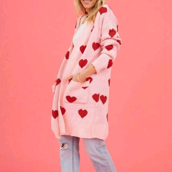 Women Open Front Long Cardigans Duster Sweaters Valentine's Day Heart Print Ligh - Picture 4 of 5